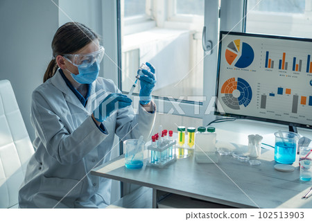 Medical professional prepares vaccine for injection, responding to threat infection spreading. Doctor applies an injection with syringe to patient with certain disease in medical laboratory. Medical professional prepares vaccine for injection, responding to threat infection spreading. Doctor applies an injection with syringe to patient with certain disease in medical laboratory. 102513903