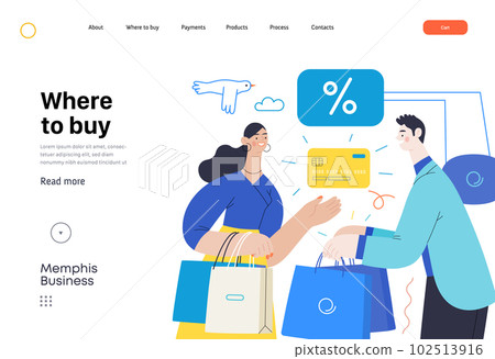 Memphis business illustration. Where to buy -modern flat vector concept illustration of a woman paying with her credit card for purchase to a consultant in a shop. Commerce business sales metaphor. Memphis business illustration. Where to buy -modern flat vector concept illustration of a woman paying with her credit card for purchase to a consultant in a shop. Commerce business sales metaphor. 102513916