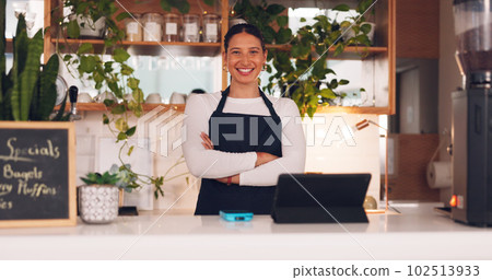 Face, woman and barista with arms crossed, smile and confidence in store, success and waitress in cafe. Portrait, female employee or lady with happiness, entrepreneur or business owner in coffee shop 102513933