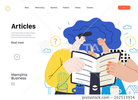 Memphis business illustration. Articles -modern flat vector concept illustration of people reading articles. Corporate business education metaphor. 102513934