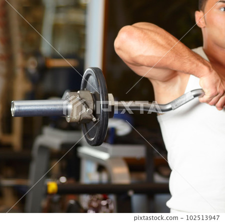 Gym hands, man and metal barbell, weights or workout equipment for bodybuilder training, fitness or power lifting. Muscle development, determined mindset and person exercising, weightlifting or focus Gym hands, man and metal barbell, weights or workout equipment for bodybuilder training, fitness or power lifting. Muscle development, determined mindset and person exercising, weightlifting or focus 102513947
