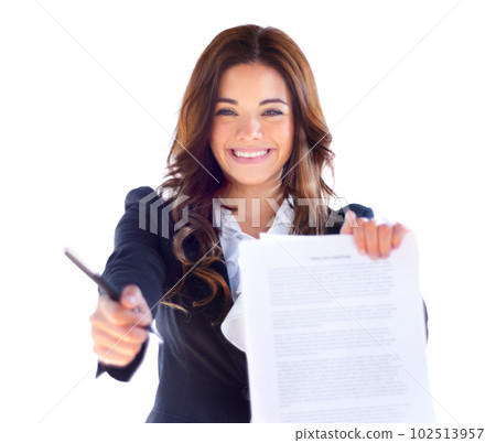 Pen, paper and portrait of lawyer woman to sign contract or legal document for agreement. Happy and excited female attorney with deal or writing for signature isolated on a white background in studio Pen, paper and portrait of lawyer woman to sign contract or legal document for agreement. Happy and excited female attorney with deal or writing for signature isolated on a white background in studio 102513957