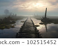 Generative IA illustration of flooded causeway, with mist rising from the wet surface 102515452