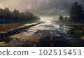 Generative IA illustration of flooded causeway, with mist rising from the wet surface 102515453