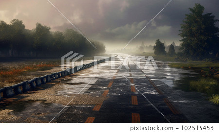 Generative IA illustration of flooded causeway, with mist rising from the wet surface 102515453