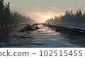 Generative IA illustration of flooded causeway, with mist rising from the wet surface 102515455
