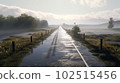 Generative IA illustration of flooded causeway, with mist rising from the wet surface 102515456