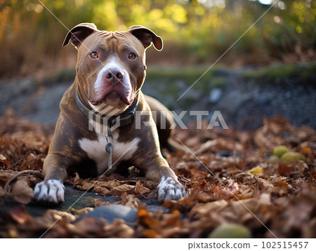 Generative IA illustration of Pitbull sitting by Bright day outside. Generative IA illustration of Pitbull sitting by Bright day outside. 102515457