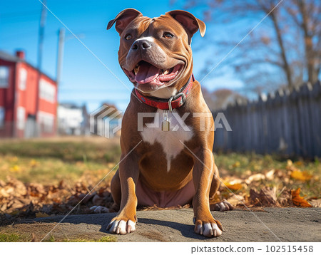 Generative IA illustration of Pitbull sitting by Bright day outside. Generative IA illustration of Pitbull sitting by Bright day outside. 102515458