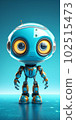 Generative IA illustration of a cute robot standing against blue radial gradient background 102515473
