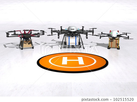 Many delivery drones and takeoff and landing ports for drones (3DCG image) 102515520