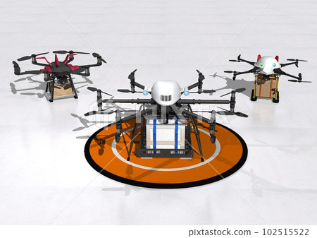 Many delivery drones and takeoff and landing ports for drones (3DCG image) 102515522