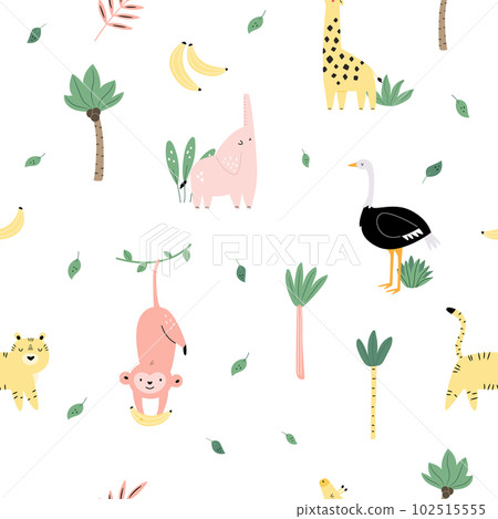 Seamless pattern on white background with funny african animals - monkey, tiger, elephant, giraffe, ostrich 102515555