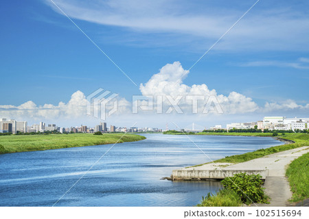 Scenery of the lower Tama River Basin in summer [Kanagawa Prefecture, Kawasaki City - Tokyo, Ota Ward] 102515694
