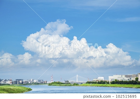 Scenery of the lower Tama River Basin in summer [Kanagawa Prefecture, Kawasaki City - Tokyo, Ota Ward] 102515695