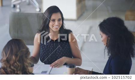 Theyre making great progress. High angle shot of three young businesswoman sitting in the boardroom during a management meeting. 102515702