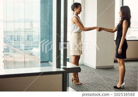 Joining forces in the journey to success. Full length shot of two attractive young businesswomen shaking hands in an office. 102516588