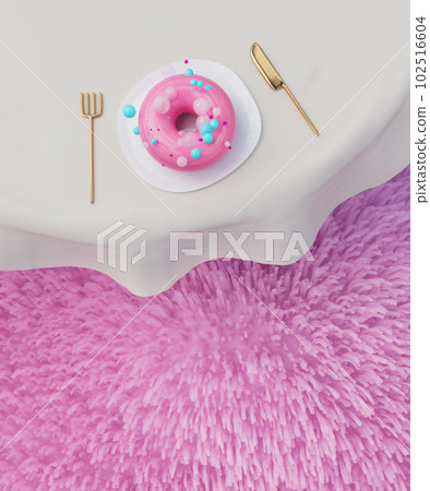 Donut with icing on plate on pink background. 3d render, 3d illustration. 102516604