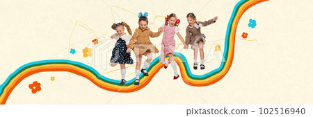 Cute little girls, children in retro clothes playing together, jumping over colorful rainbow. Summer day. Contemporary art collage. Cute little girls, children in retro clothes playing together, jumping over colorful rainbow. Summer day. Contemporary art collage. 102516940