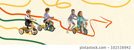 Playful little kids, children playing together, riding bikes on warm summer day. Active game. Contemporary art collage. Playful little kids, children playing together, riding bikes on warm summer day. Active game. Contemporary art collage. 102516942