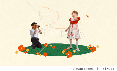 Boy taking photo of beautiful girl on warm summer day outdoors. Children playing together. Contemporary art collage. Boy taking photo of beautiful girl on warm summer day outdoors. Children playing together. Contemporary art collage. 102516944
