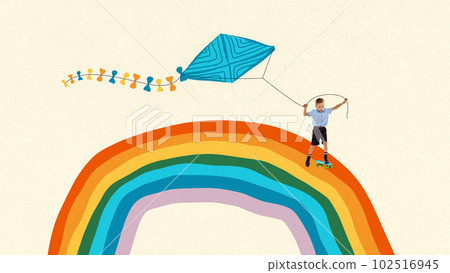 Playful kid, boy on skateboard riding on rainbow, holding colorful kite. SUmmertime fun. Contemporary art collage. 102516945