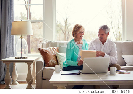 Looks like weve saved more than expected this month. a mature couple going over their finances at home. 102516946