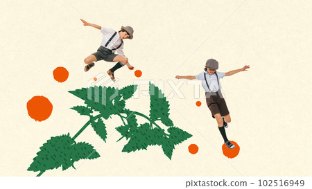 Playful boys, brothers in retro clothes having fun outdoors, jumping over nettles, playing. Contemporary art collage. 102516949