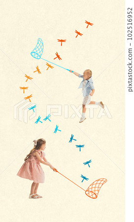 Playful little children, boy and girl playing together outdoors, catching dragonfly with net. Contemporary art collage. 102516952