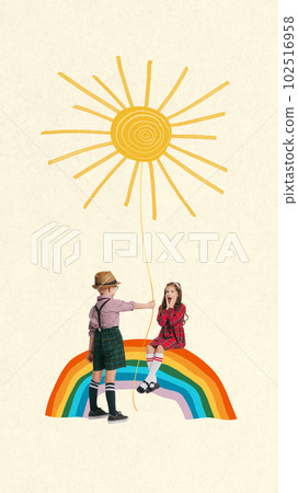 Playful, cute children spending time together. Little boy giving girl, sitting on rainbow, air balloon. Contemporary art collage. Playful, cute children spending time together. Little boy giving girl, sitting on rainbow, air balloon. Contemporary art collage. 102516958