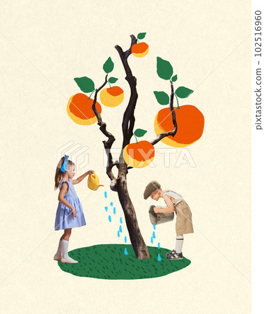 Beautiful children, boy and girl in stylish clothes taking care after garden, watering peach tree. Contemporary art collage. 102516960
