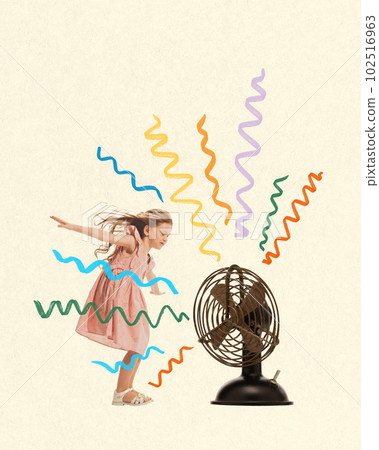 Cute little girl in pink dress, child playing, having fun, dancing near fan over light background. Contemporary art collage. 102516963