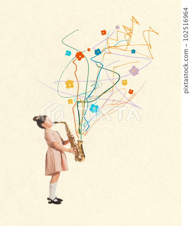 Little cute girl in pink dress playing trumpet, making lovely sounds over lights background. Retro style. Contemporary art collage. 102516964