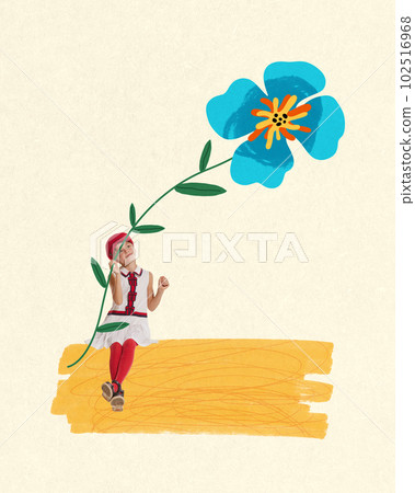 Little beautiful girl in cute dress sitting with drawn flower, dreaming, making fantasy over light background. Contemporary art collage. 102516968