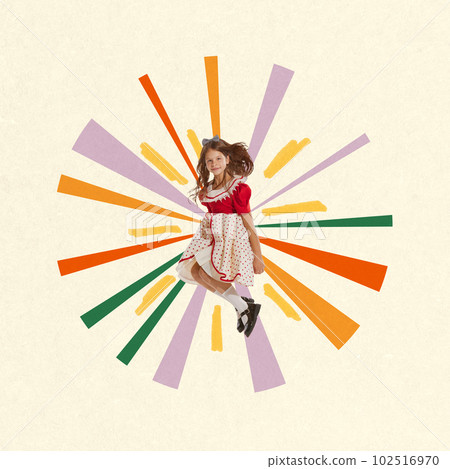 Little happy girl, child n retro style dress jumping, playing, having fun over pastel background with colorful design element. Contemporary art collage. 102516970