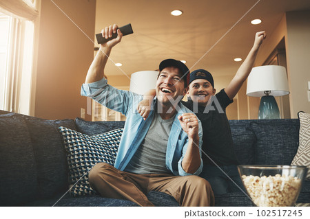 Father son bonding goals achieved. an enthusiastic father and son watching a sports match on tv at home. 102517245