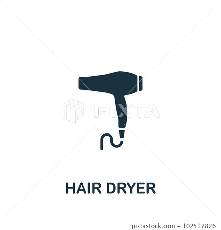 Hair dryer icon. Monochrome simple sign from beauty and personal care collection. Hair dryer icon for logo, templates, web design and infographics. Hair dryer icon. Monochrome simple sign from beauty and personal care collection. Hair dryer icon for logo, templates, web design and infographics. 102517826
