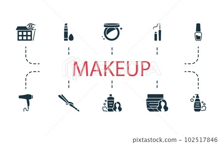 Makeup set. Creative icons: eye shadow, concealer, highlighter, eyeliner, nail polish, hair dryer, curling iron, shampoo, hair mask, body wash. Makeup set. Creative icons: eye shadow, concealer, highlighter, eyeliner, nail polish, hair dryer, curling iron, shampoo, hair mask, body wash. 102517846