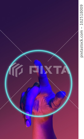 Portrait with Illuminated hand interacting in motion with geometric glowing figure, round on gradient minimal background in neon light 102518009
