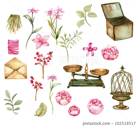 Watercolor illustration of old rusty green elements with pink roses An old rusty enamel element.Hand drawn with watercolor on a white background.Perfect for wedding invitation,greetings card,posters. Watercolor illustration of old rusty green elements with pink roses An old rusty enamel element.Hand drawn with watercolor on a white background.Perfect for wedding invitation,greetings card,posters. 102518517