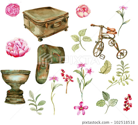 Watercolor illustration of old rusty green elements with pink roses An old rusty enamel element.Hand drawn with watercolor on a white background.Perfect for wedding invitation,greetings card,posters. Watercolor illustration of old rusty green elements with pink roses An old rusty enamel element.Hand drawn with watercolor on a white background.Perfect for wedding invitation,greetings card,posters. 102518518