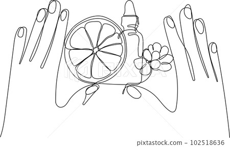 Continuous drawing of one line of scrubbing and body skin care with natural herbal skin care products, top view of ingredients. Vector illustration Continuous drawing of one line of scrubbing and body skin care with natural herbal skin care products, top view of ingredients. Vector illustration 102518636