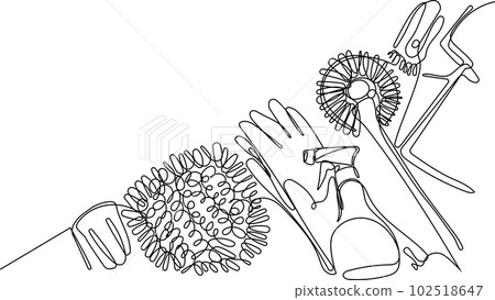 Continuous drawing of one line of scrubbing and body skin care with natural herbal skin care products, top view of ingredients. Vector illustration Continuous drawing of one line of scrubbing and body skin care with natural herbal skin care products, top view of ingredients. Vector illustration 102518647