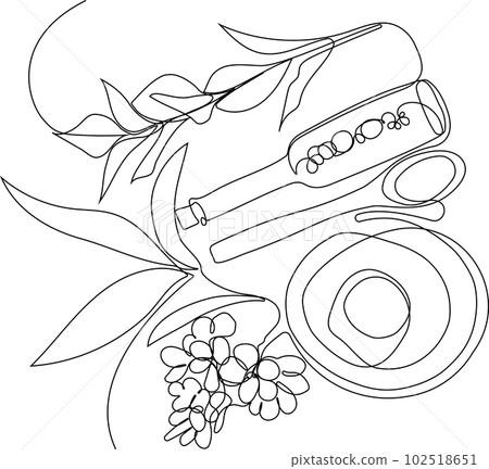 Continuous drawing of one line of scrubbing and body skin care with natural herbal skin care products, top view of ingredients. Vector illustration 102518651