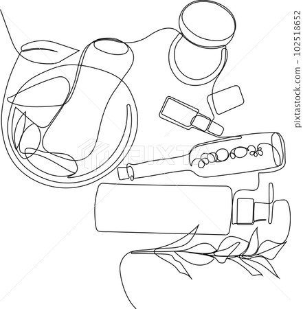 Continuous drawing of one line of scrubbing and body skin care with natural herbal skin care products, top view of ingredients. Vector illustration Continuous drawing of one line of scrubbing and body skin care with natural herbal skin care products, top view of ingredients. Vector illustration 102518652