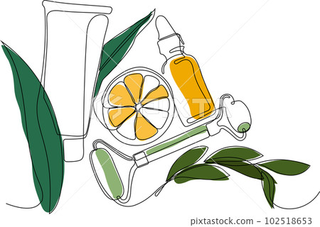 Continuous drawing of one line of scrubbing and body skin care with natural herbal skin care products, top view of ingredients. Vector illustration Continuous drawing of one line of scrubbing and body skin care with natural herbal skin care products, top view of ingredients. Vector illustration 102518653
