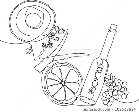 Continuous drawing of one line of scrubbing and body skin care with natural herbal skin care products, top view of ingredients. Vector illustration 102518654