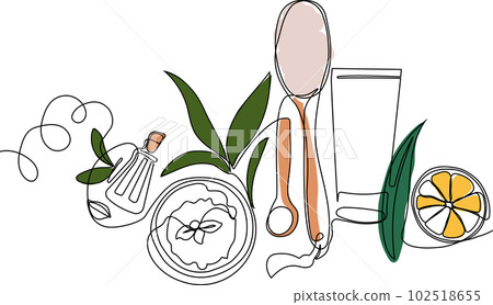 Continuous drawing of one line of scrubbing and body skin care with natural herbal skin care products, top view of ingredients. Vector illustration Continuous drawing of one line of scrubbing and body skin care with natural herbal skin care products, top view of ingredients. Vector illustration 102518655