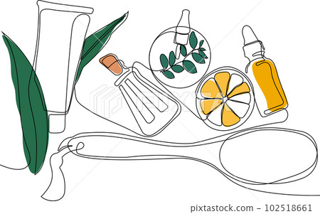 Continuous drawing of one line of scrubbing and body skin care with natural herbal skin care products, top view of ingredients. Vector illustration 102518661