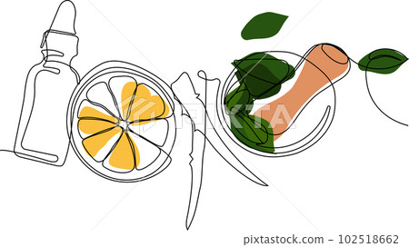 Continuous drawing of one line of scrubbing and body skin care with natural herbal skin care products, top view of ingredients. Vector illustration Continuous drawing of one line of scrubbing and body skin care with natural herbal skin care products, top view of ingredients. Vector illustration 102518662